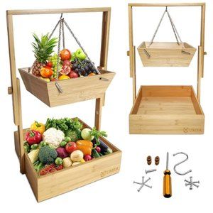 2-Tier Hanging Wooden Fruit Basket & Veggie Stand w/ Adjustable Height